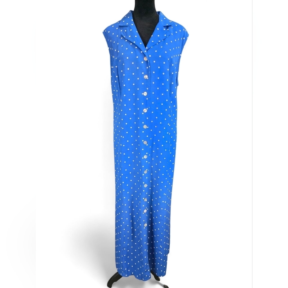 Sheri Martin Blue Polka Dot Button Front Maxi Dress 18W Sleeveless Crisscross